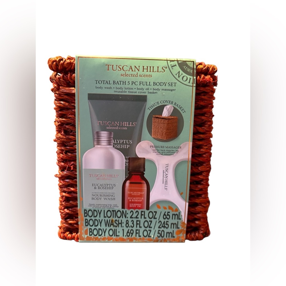 Tuscan Hills Eucalyptus & Rosehip Bath Gift Set 5-Piece with Basket & Massager